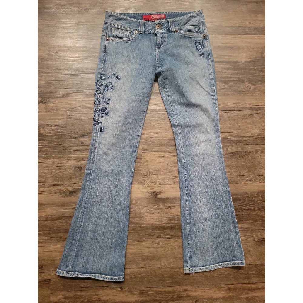 Guess Jeans Womens Blue Floral Embroidered Low Rise Flare Stretch Denim Size 28